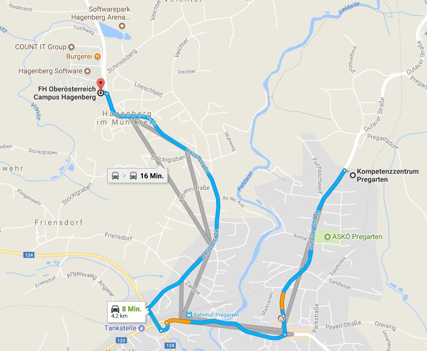 Route-Kompetenzzentrum-Pregarten-zum-Campus-Hagenberg Unmittelbar vom Kompetenzzentrum Pregarten ist eine Bushaltestelle. Mit dem Auto nach Hagenberg sind es 8 Minuten. Zum Bahnhof Pregarten nur 3 Minuten (1,8km) und von dort geht ein Uni-Shutte zum Campus Hagenberg.